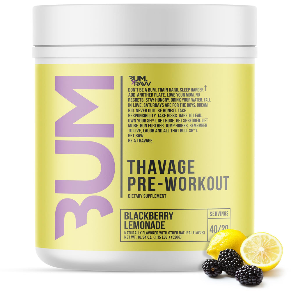 Raw Thavage preworkout canister with blackberry lemonade flavor energizing training sessions