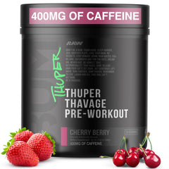RAW Thuper Thavage powder tub in Cherry Berry for energized workouts
