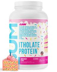 RAW Whey Isolate Birthday Cake tub showing 25g protein per serving for workouts