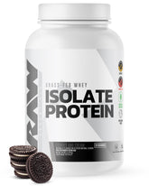 RAW Whey Isolate Cookies N Cream tub showcases lean protein option for workouts.