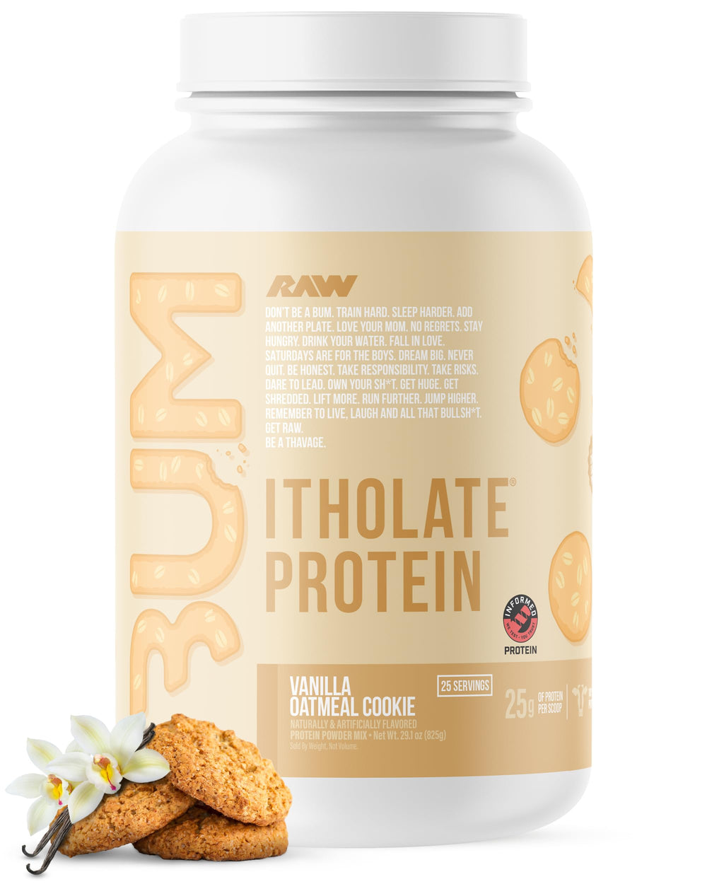 RAW Whey Isolate Vanilla Oatmeal Cookie tub highlighting premium protein for post-workout recovery