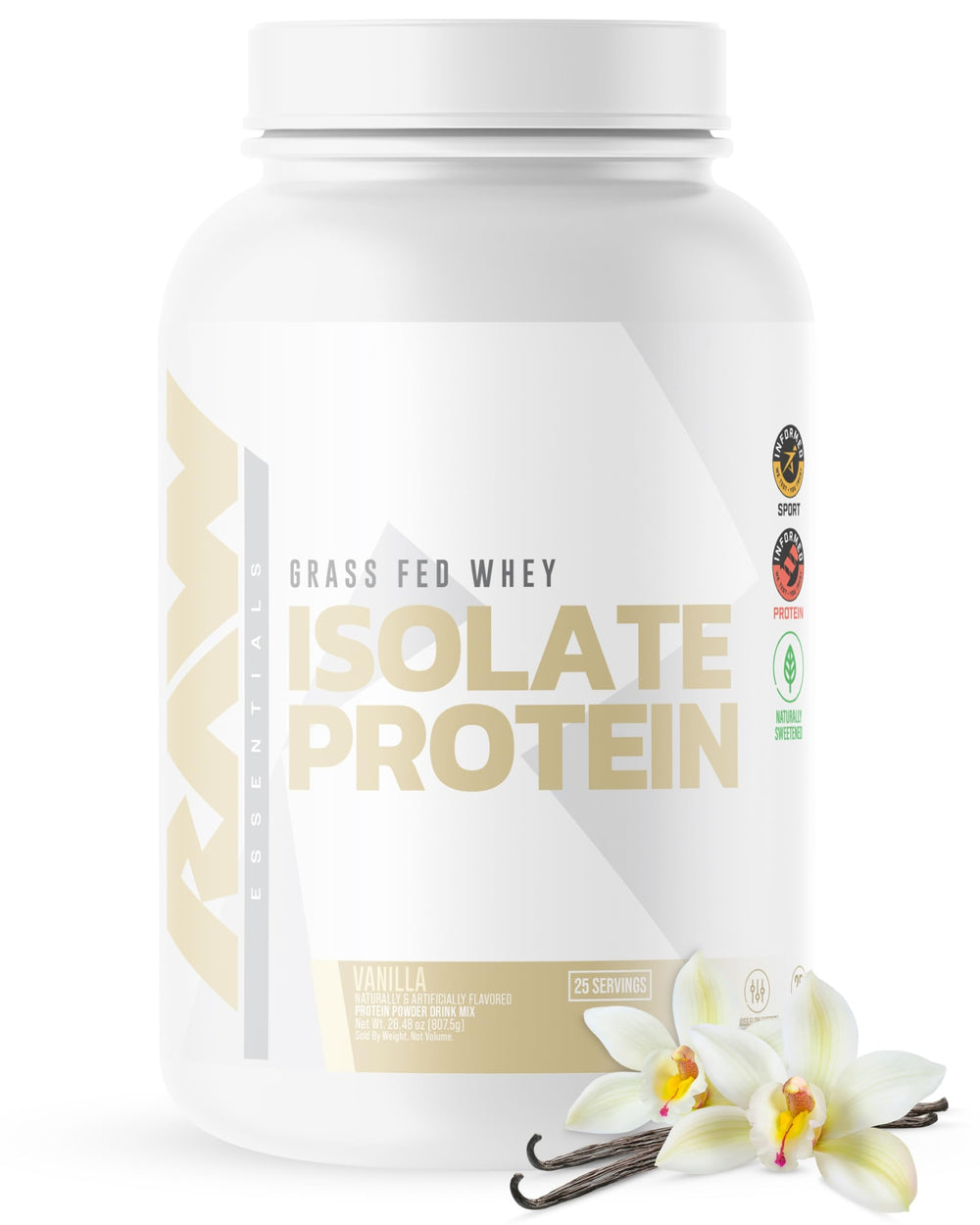 RAW Whey Isolate Vanilla powder jar—high protein for recovery.