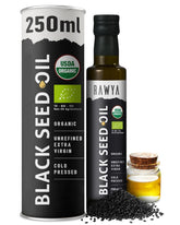 RAWYA Black Seed Oil bottle on the counter for daily culinary use.