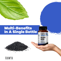 RAWYA 500 mg black cumin seed powder close-up emphasizing vitality