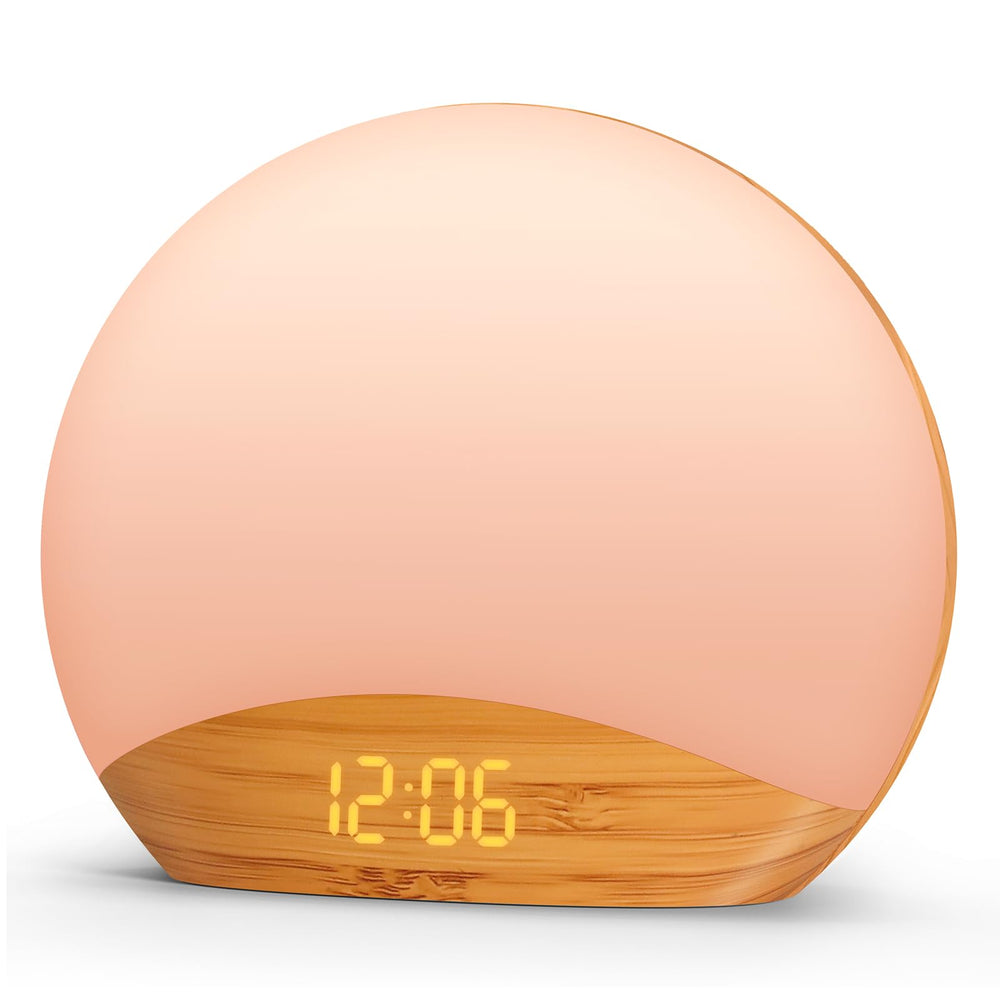 REACHER Sunrise Alarm Clock with wood grain finish brightens mornings gently and reduces abrupt wake-ups.