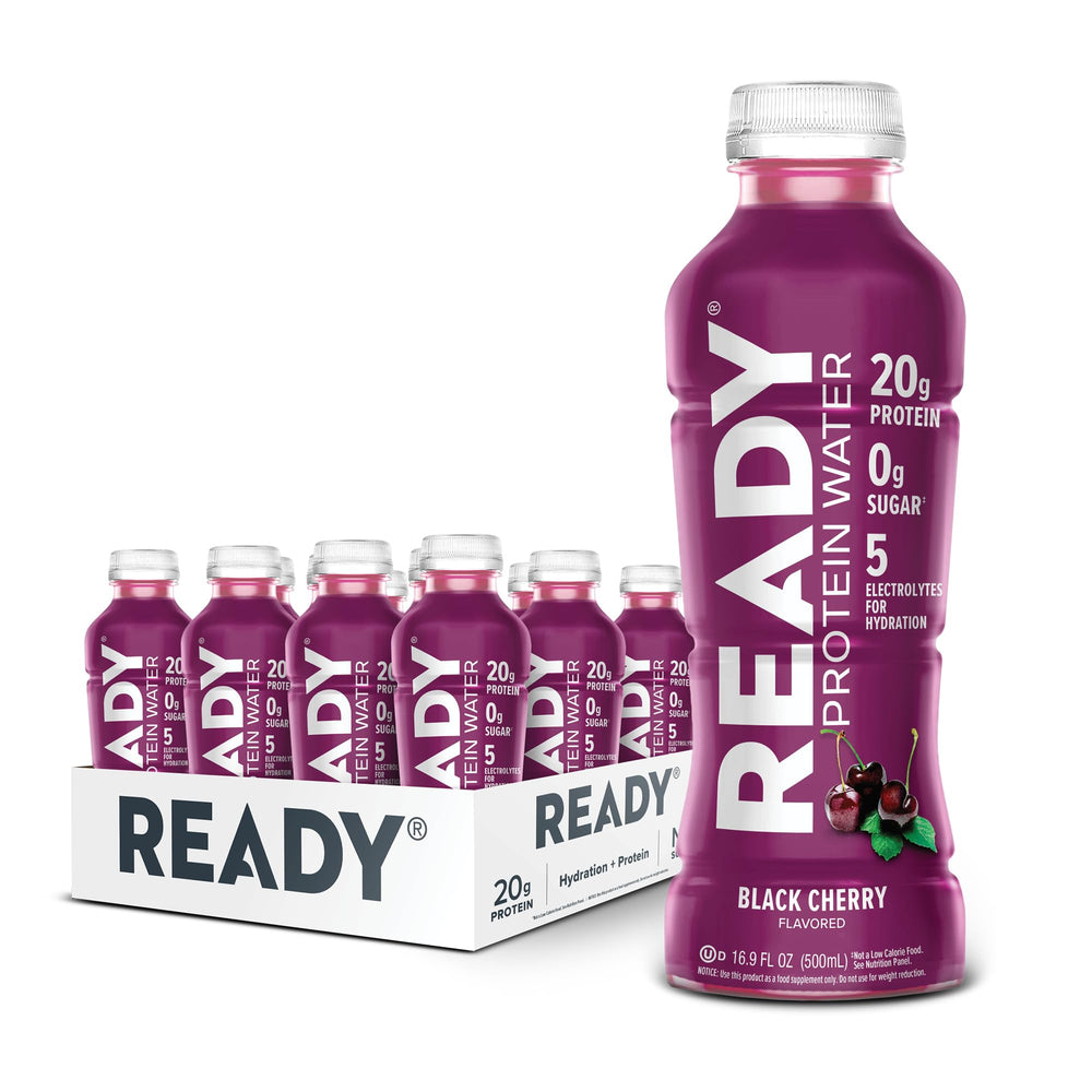 Ready Protein Water bottle in black cherry flavor for on the go hydration