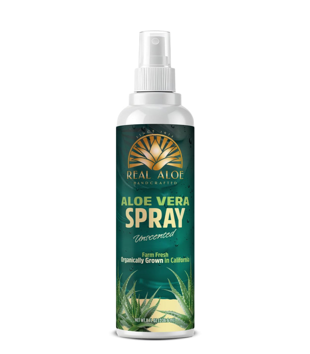 Real Aloe spray bottle delivering a cooling mist for soothing skin