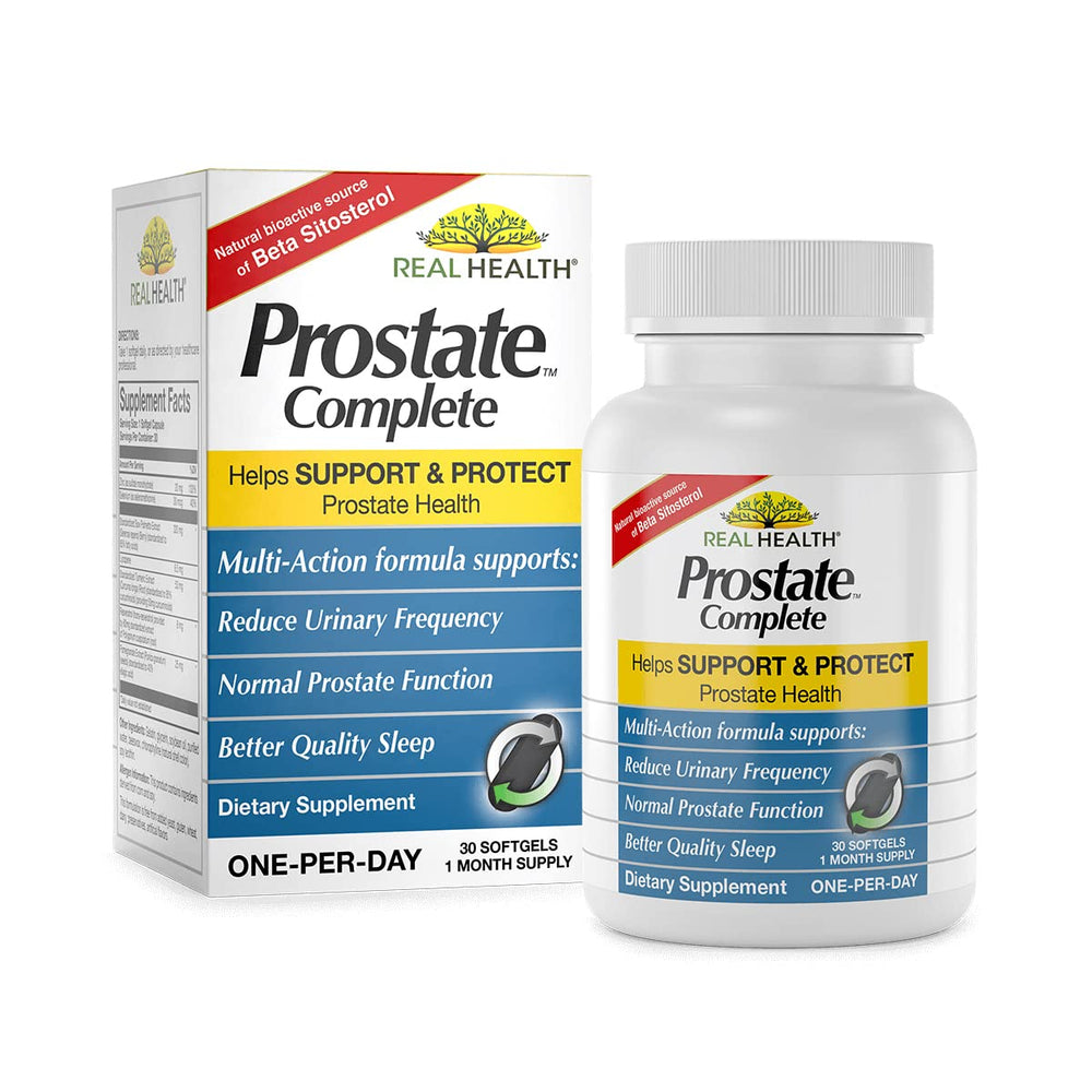 Real Health Prostate Complete softgels bottle front for daily prostate support