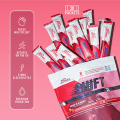 Real Ketones electrolyte powder packet with scoop for fast hydrating formula.