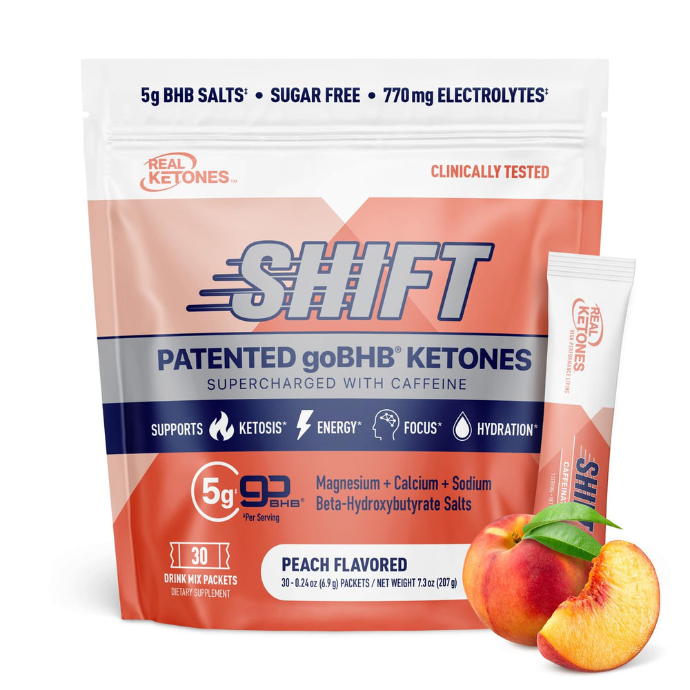 Real Ketones Peach BHB drink packet for on-the-go energy and focus