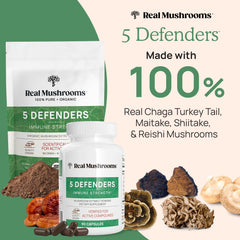 Real Mushrooms 5 Defenders powder dissolving in coffee for a smooth start.