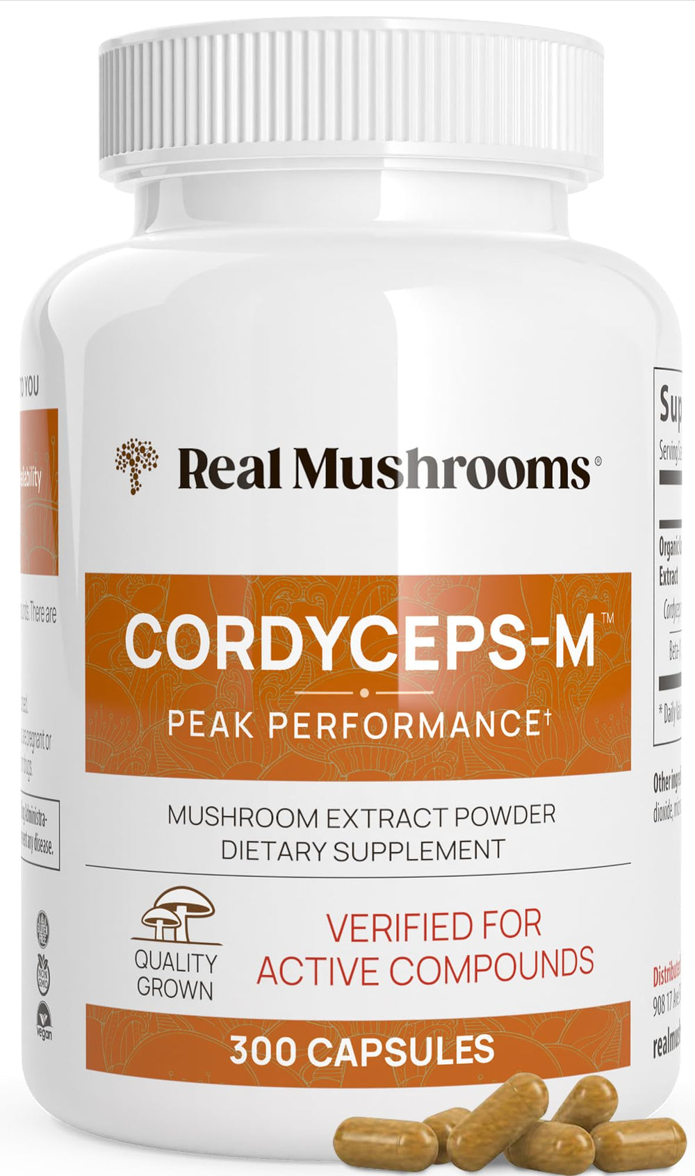Real Mushrooms Cordyceps Capsules bottle on shelf for daily energy support.