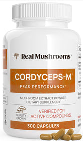 Real Mushrooms Cordyceps Capsules bottle on shelf for daily energy support.