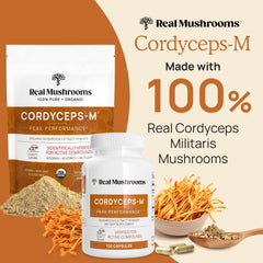 Real Mushrooms Cordyceps Capsules label close-up showing vegan, non-GMO credentials.