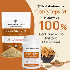 Real Mushrooms cordyceps powder with scoop in jar for easy use