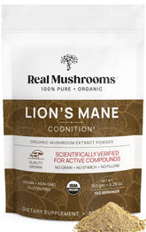 Real Mushrooms Lion's Mane powder bottle with organic label for daily focus support.