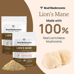 Real Mushrooms Lion's Mane powder being poured into a mug for easy coffee mix.