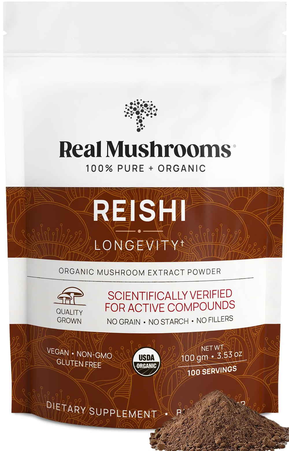 Real Mushrooms Reishi powder front label highlights organic red reishi extract for daily wellness.
