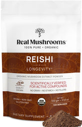 Real Mushrooms Reishi powder front label highlights organic red reishi extract for daily wellness.