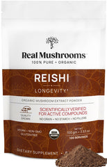 Real Mushrooms Reishi powder front label highlights organic red reishi extract for daily wellness.