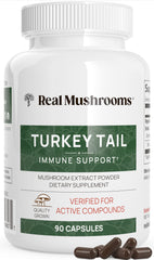 Real Mushrooms Turkey Tail capsules bottle showcases pure extract for daily balance.