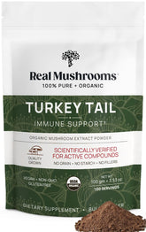 Real Mushrooms Turkey Tail powder bottle close-up for daily wellness