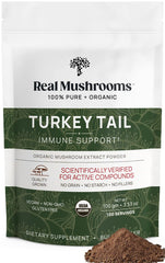 Real Mushrooms Turkey Tail powder bottle close-up for daily wellness