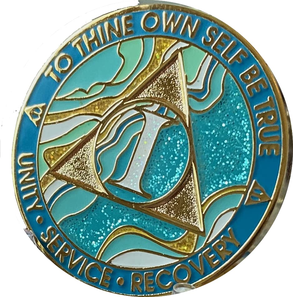 RecoveryChip 1 Year AA medallion in marble Caribbean Aqua glitter for milestone display.