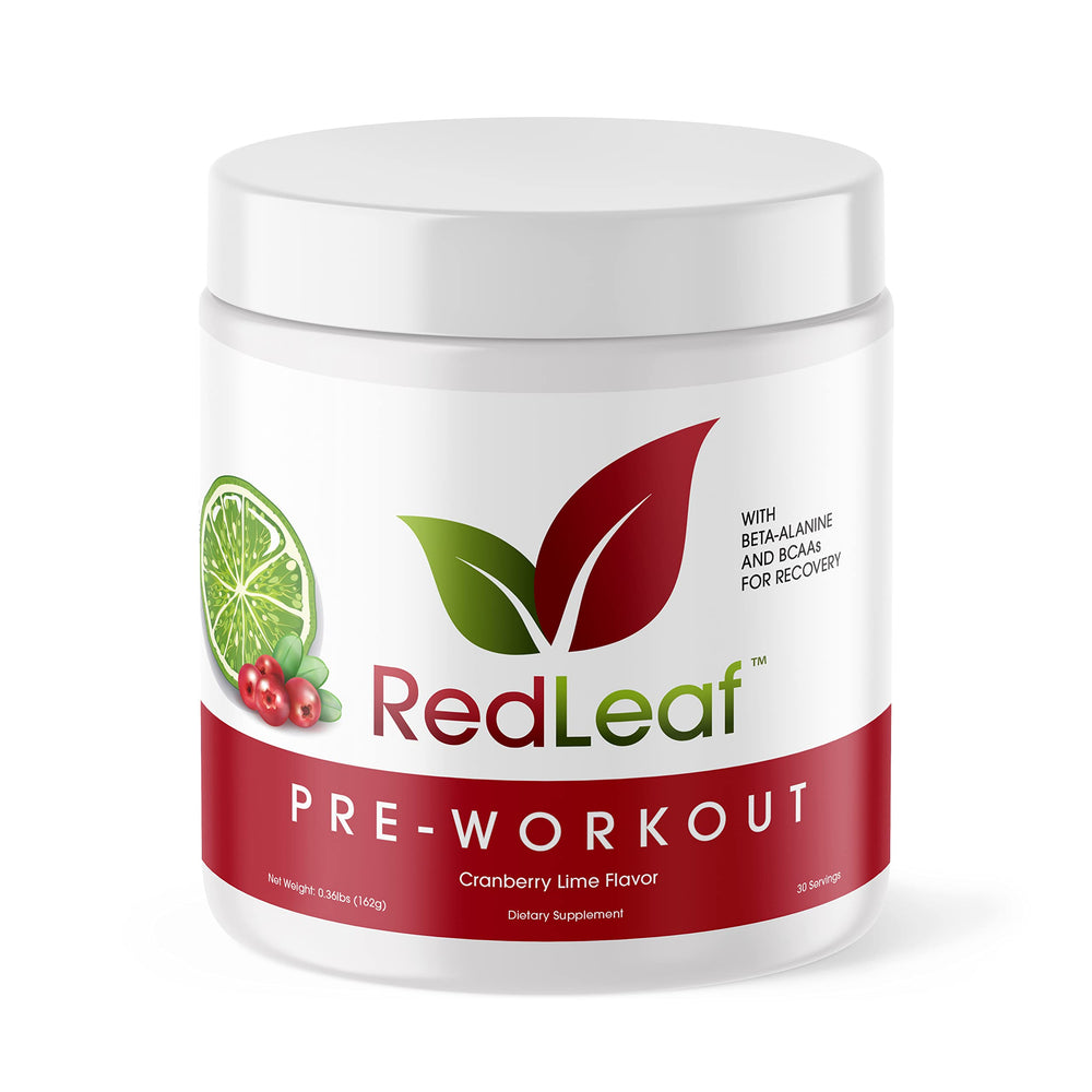 Red Leaf pre-workout bottle with scoop for clean energy and focus