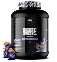 Redcon1 MRE Blueberry Cobbler bottle emphasizing convenient meal replacement with high protein.