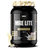 Redcon1 MRE Lite vanilla bottle highlights convenient low-carb meal replacement