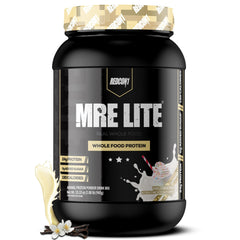 Redcon1 MRE Lite vanilla bottle highlights convenient low-carb meal replacement