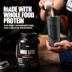 Redcon1 MRE Lite vanilla powder bag emphasizes premium whole-food protein blend