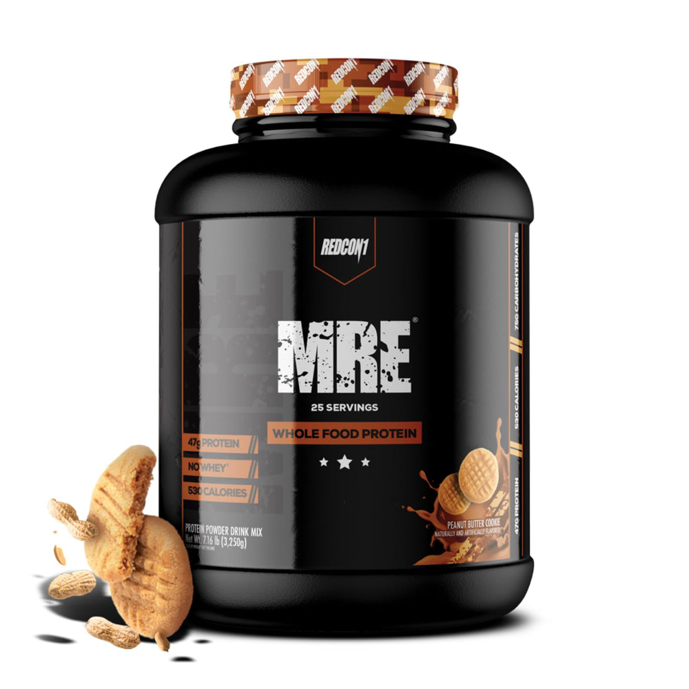 Redcon1 MRE Protein Peanut Butter Cookie bottle shows high-protein meal replacement