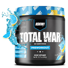 REDCON1 Total War blue lemonade bottle with fast-acting caffeine for energized workouts.