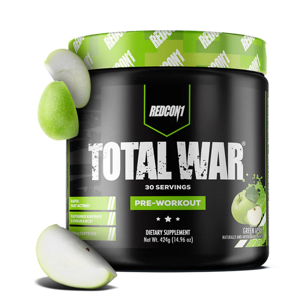 REDCON1 Total War Green Apple preworkout tub with scoop showing fast energy and focus