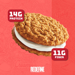 REDEFINE Oatmeal Protein Pie Original non-GMO ingredients label visible.