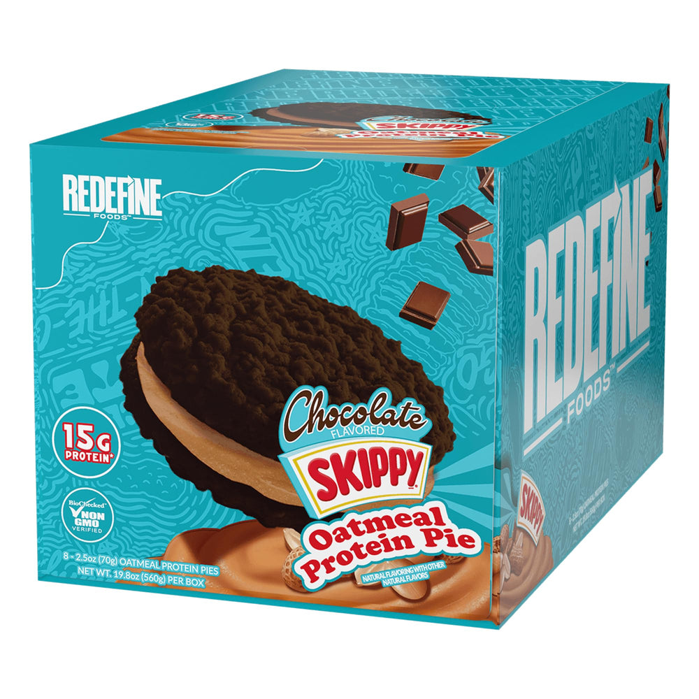 REDEFINE Oatmeal Protein Pie with SKIPPY Chocolate bar – 15g protein per serving for on-the-go fueling.