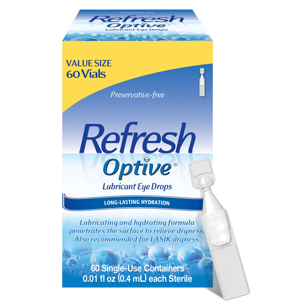 Refresh Optive bottle closeup showing preservative-free lubrication for sensitive eyes.