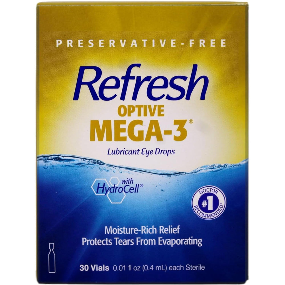 Refresh Optive Mega-3 bottle close-up highlighting lipid-enhanced hydration for dry eyes.