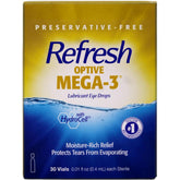 Refresh Optive Mega-3 bottle close-up highlighting lipid-enhanced hydration for dry eyes.