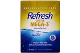 Refresh Optive Mega 3 eye drops front view; preservative-free daily use.