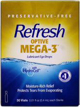 Refresh Optive Mega-3 preservative-free eye drops in sterile vials for portable comfort