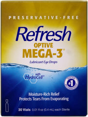 Refresh Optive Mega-3 preservative-free eye drops in sterile vials for portable comfort
