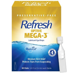 Refresh Optive Mega-3 single-use vial for portable eye hydration.