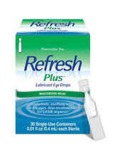 Refresh Plus envases monodosis; alivio rápido para ojos secos durante el día.