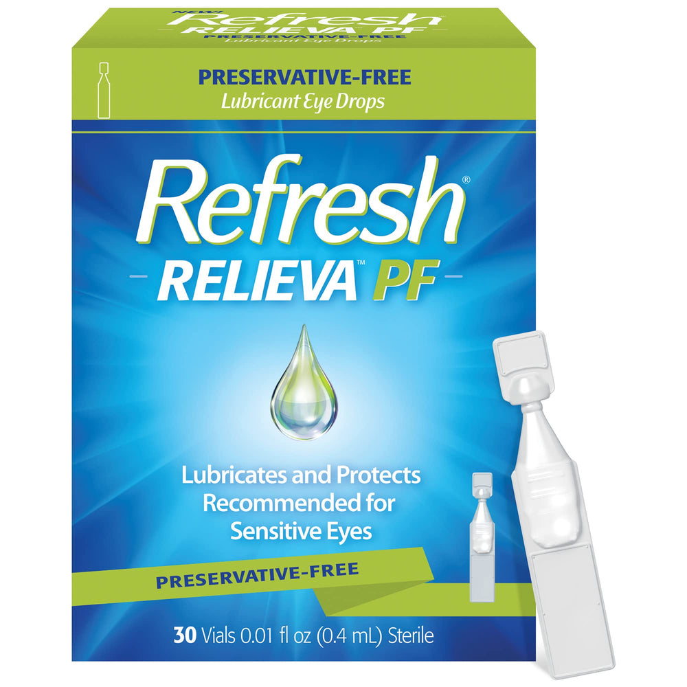 Refresh Relieva PF eye drops bottle offering preservative-free moisture relief.