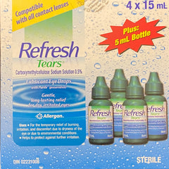 Refresh Tears 4x15 ml bottles arranged for home use and replenishment.