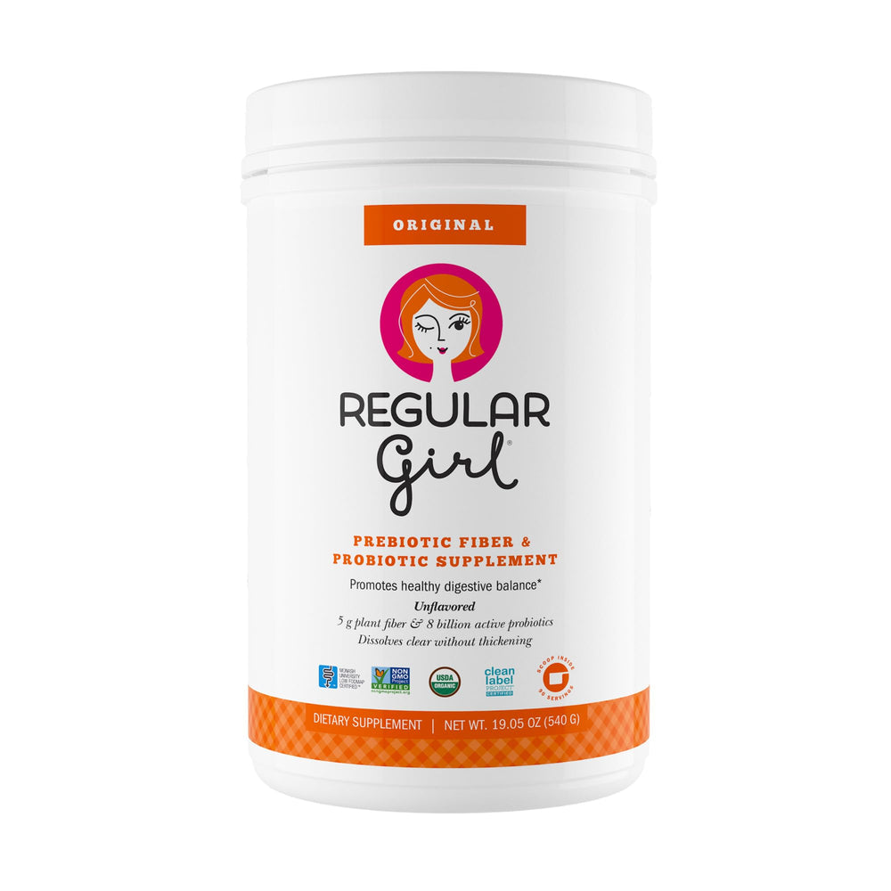 Regular Girl Organic Powder tub with scoop showing easy mixing and digestive support.