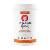 Regular Girl Organic Powder tub with scoop showing easy mixing and digestive support.